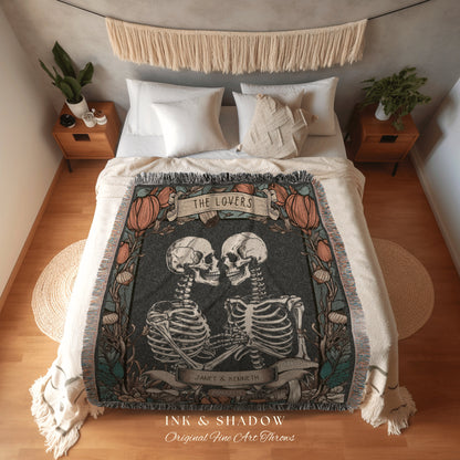 The Lovers Skeleton Woven Throw Blanket Custom Couple Anniversary Blanket, Custom Tarot Tapestry Gothic Wedding Gift His & Hers Name Blanket