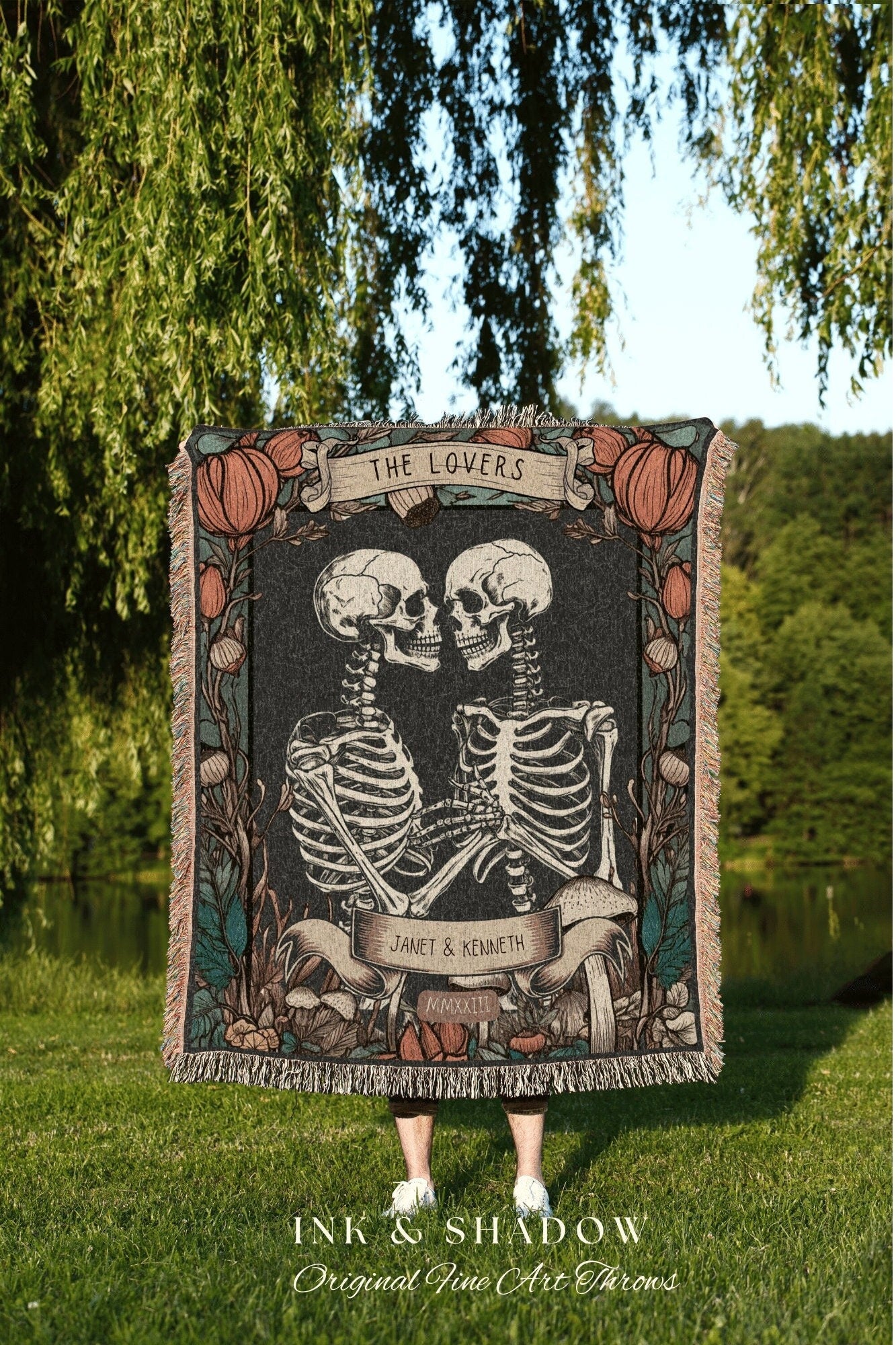 The Lovers Skeleton Woven Throw Blanket Custom Couple Anniversary Blanket, Custom Tarot Tapestry Gothic Wedding Gift His & Hers Name Blanket