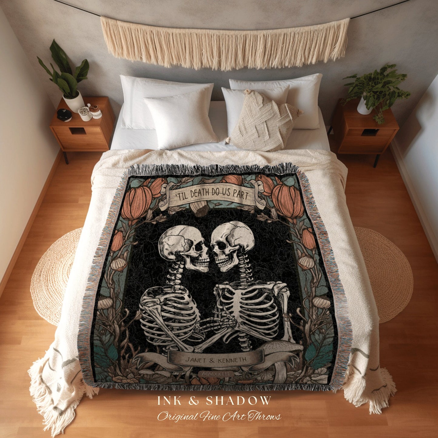 Til Death Do Us Part Custom Couples Skeleton Woven Throw Blanket | Engagement Blanket Fiance Gift for Him Custom Cotton Anniversary Gift |