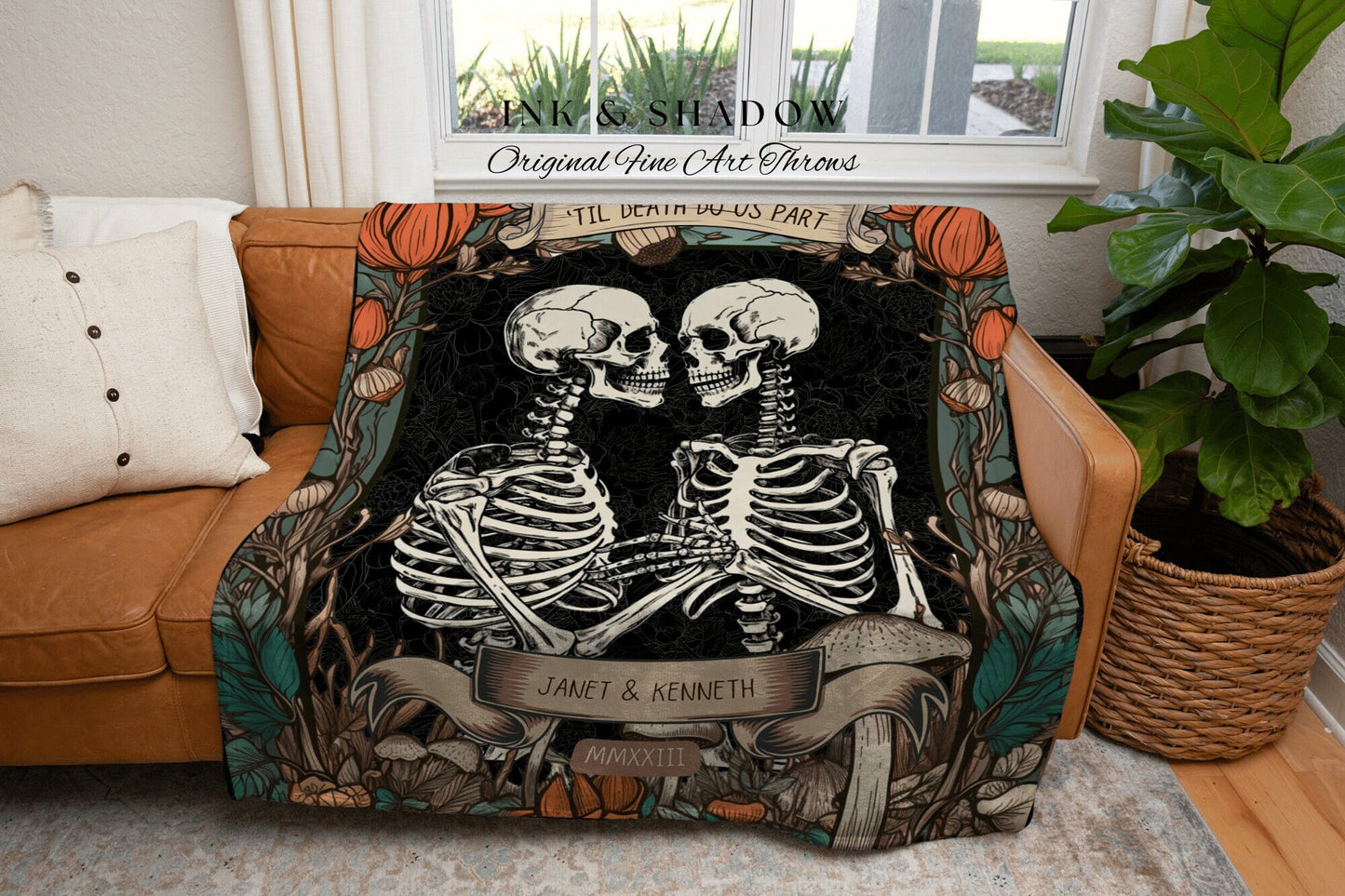 Til Death Do Us Part Custom Couples Skeleton Woven Throw Blanket | Engagement Blanket Fiance Gift for Him Custom Cotton Anniversary Gift |