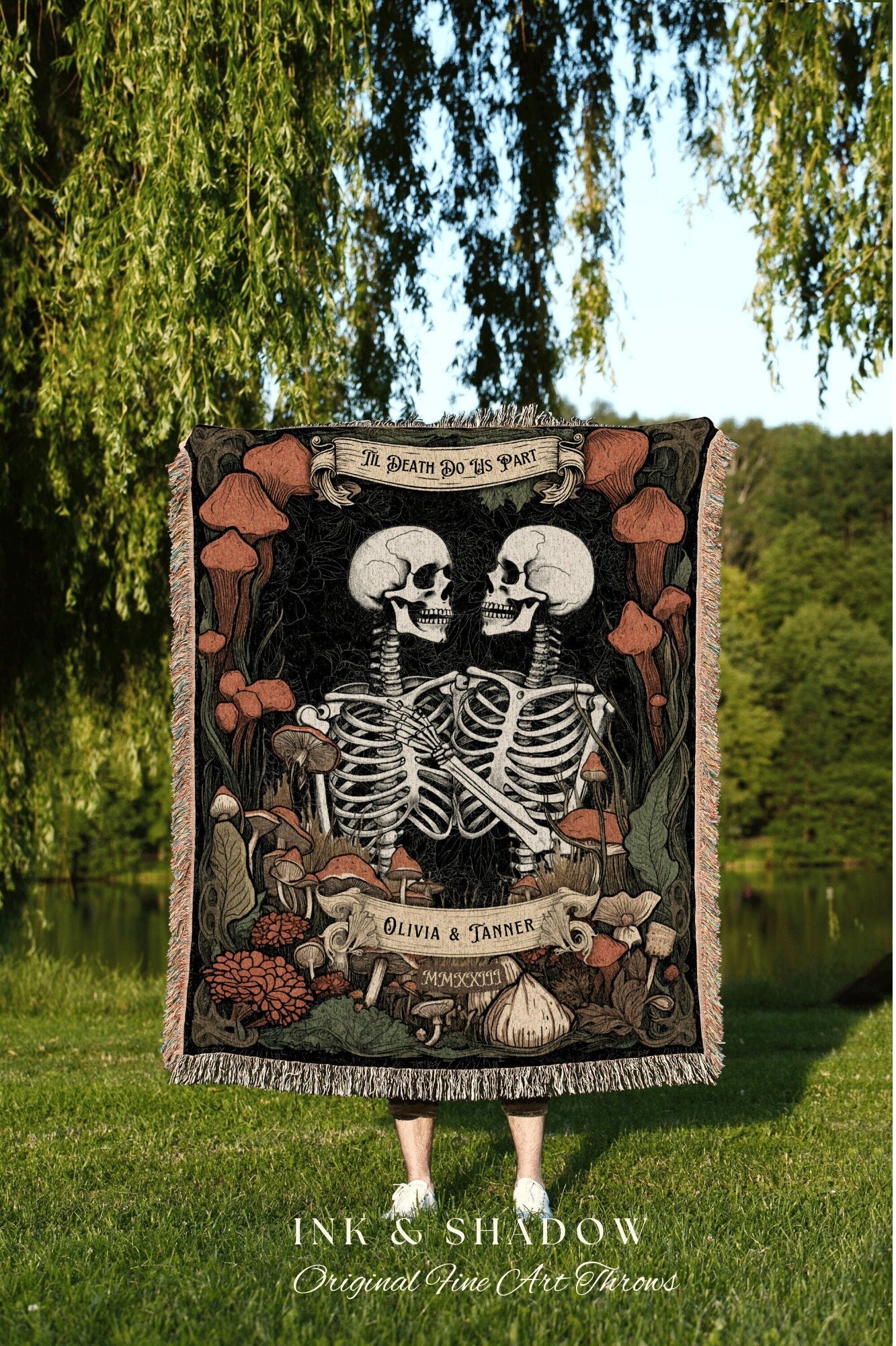 Woodland Gothic Blanket Custom Anniversary Gift | Halloween Wedding Skeleton Couple Tapestry Throw Personalized Mr & Mrs Anniversary Blanket