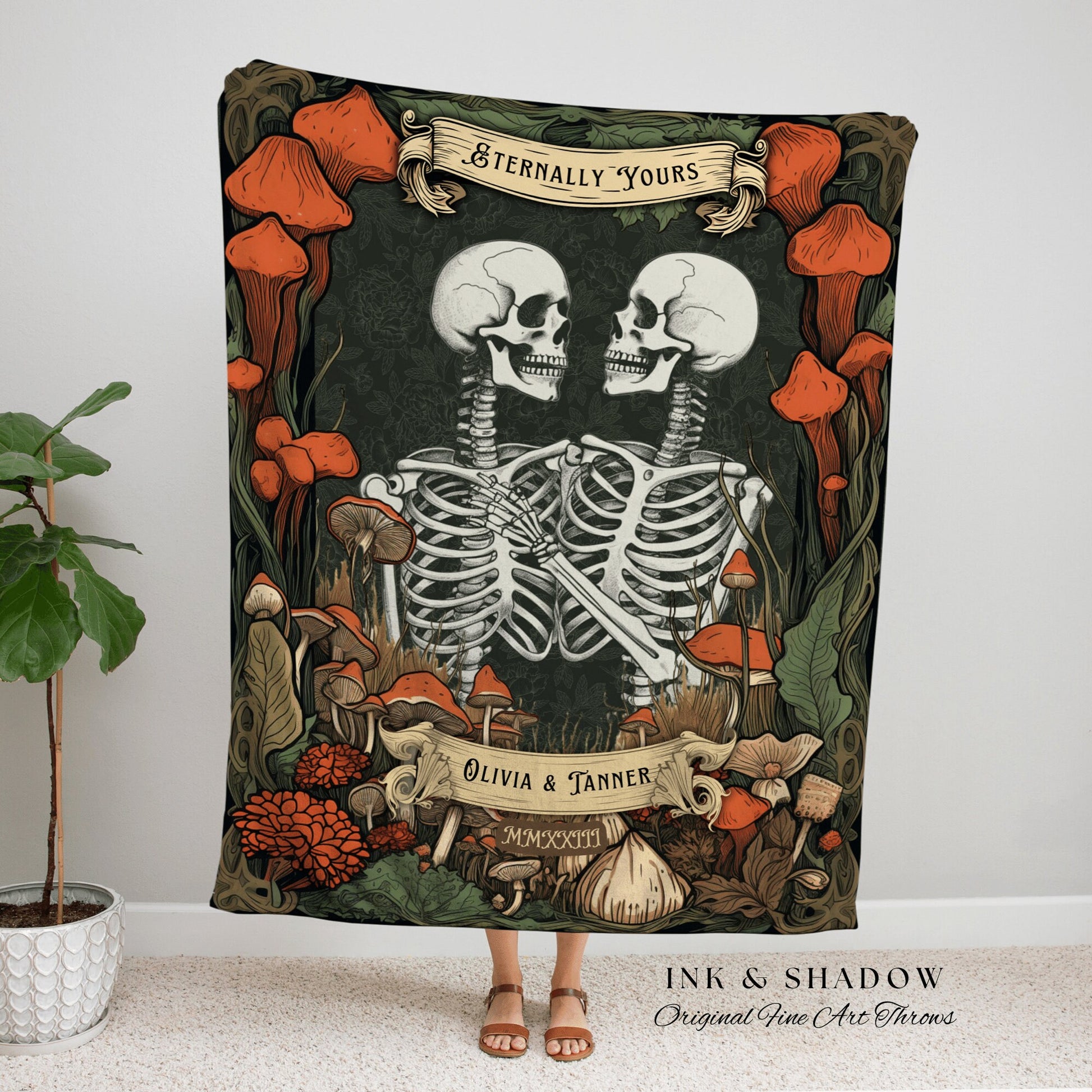 Eternally Yours Skeleton Blanket | Halloween Wedding Gothic Skeleton Blanket Couples Tapestry Personalized Mr and Mrs Personalized Tapestry