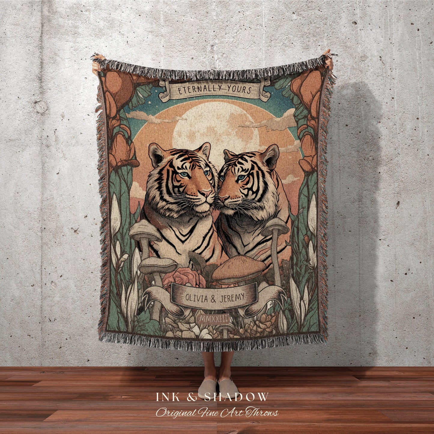 Custom Couple Tiger Lovers Woven Blanket Tarot Tapestry | 2 Year Anniversary Gift Woven Throw Tapestry His & Hers Names Personalized Blanket