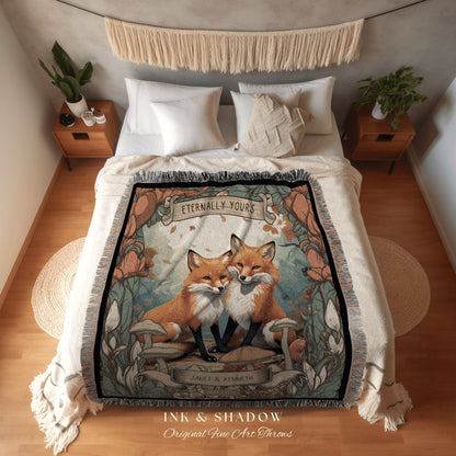 Eternally Yours Throw Blanket Custom | Cottagecore Wedding Gothic Fox Blanket Couples Tapestry Personalized Mr & Mrs Anniversary Blanket |