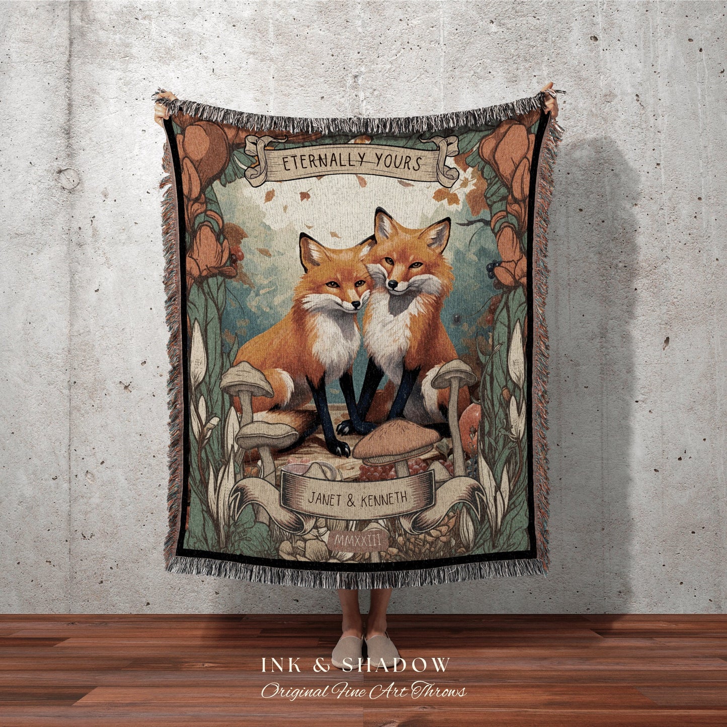 Eternally Yours Throw Blanket Custom | Cottagecore Wedding Gothic Fox Blanket Couples Tapestry Personalized Mr & Mrs Anniversary Blanket |