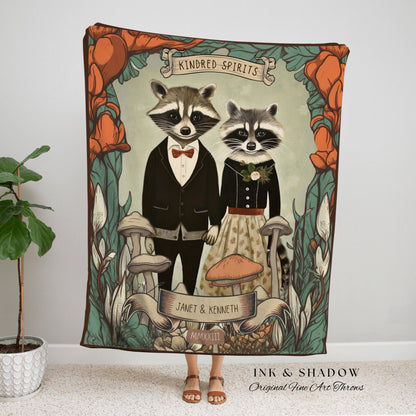 Custom Raccoon Couples Blanket | Cottagecore Couple Gothic Raccoon Blanket Couples Tapestry Personalized Mr & Mrs Custom Anniversary Blanket