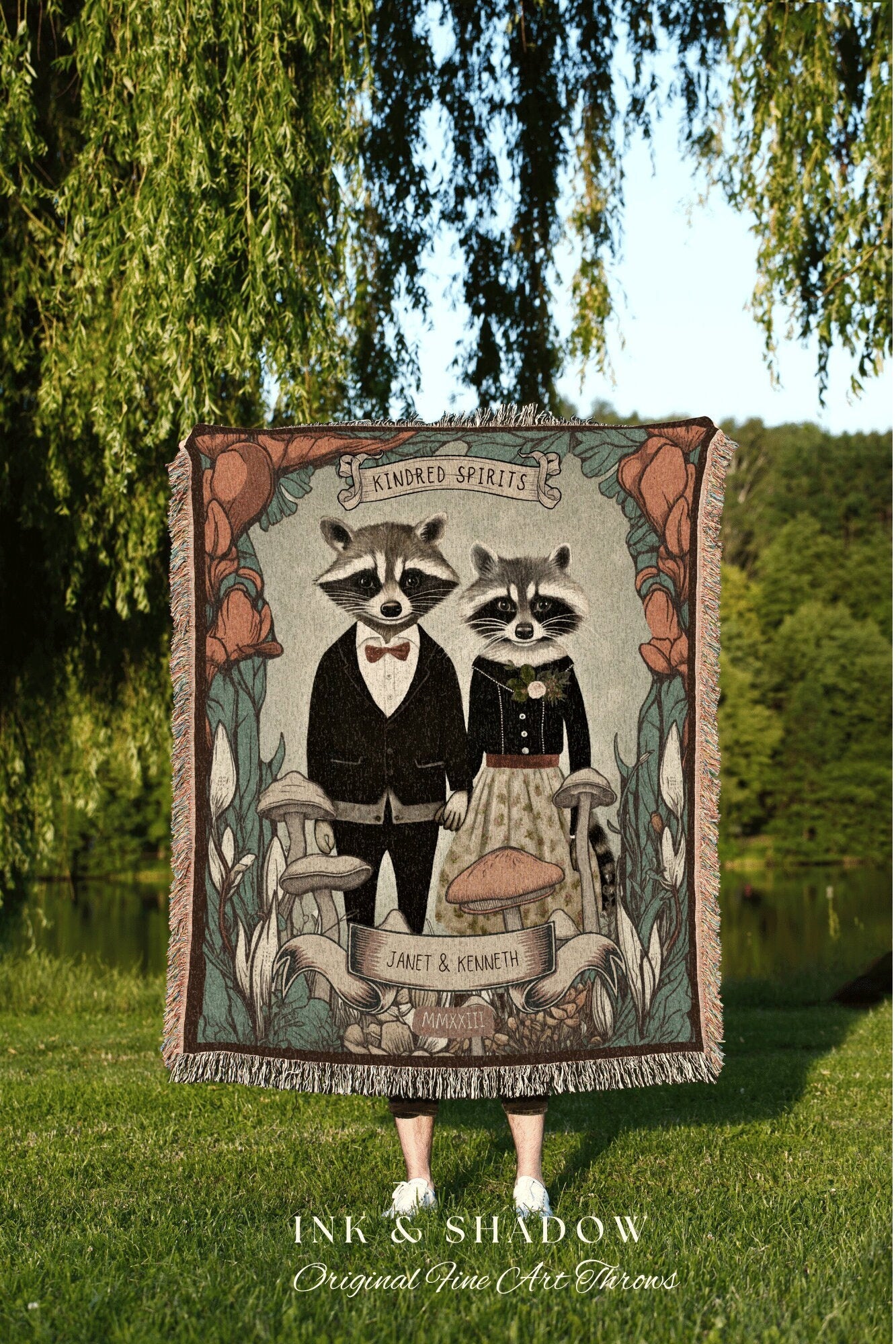 Custom Raccoon Couples Blanket | Cottagecore Couple Gothic Raccoon Blanket Couples Tapestry Personalized Mr & Mrs Custom Anniversary Blanket