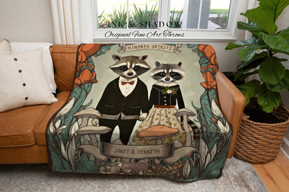 Custom Raccoon Couples Blanket | Cottagecore Couple Gothic Raccoon Blanket Couples Tapestry Personalized Mr & Mrs Custom Anniversary Blanket