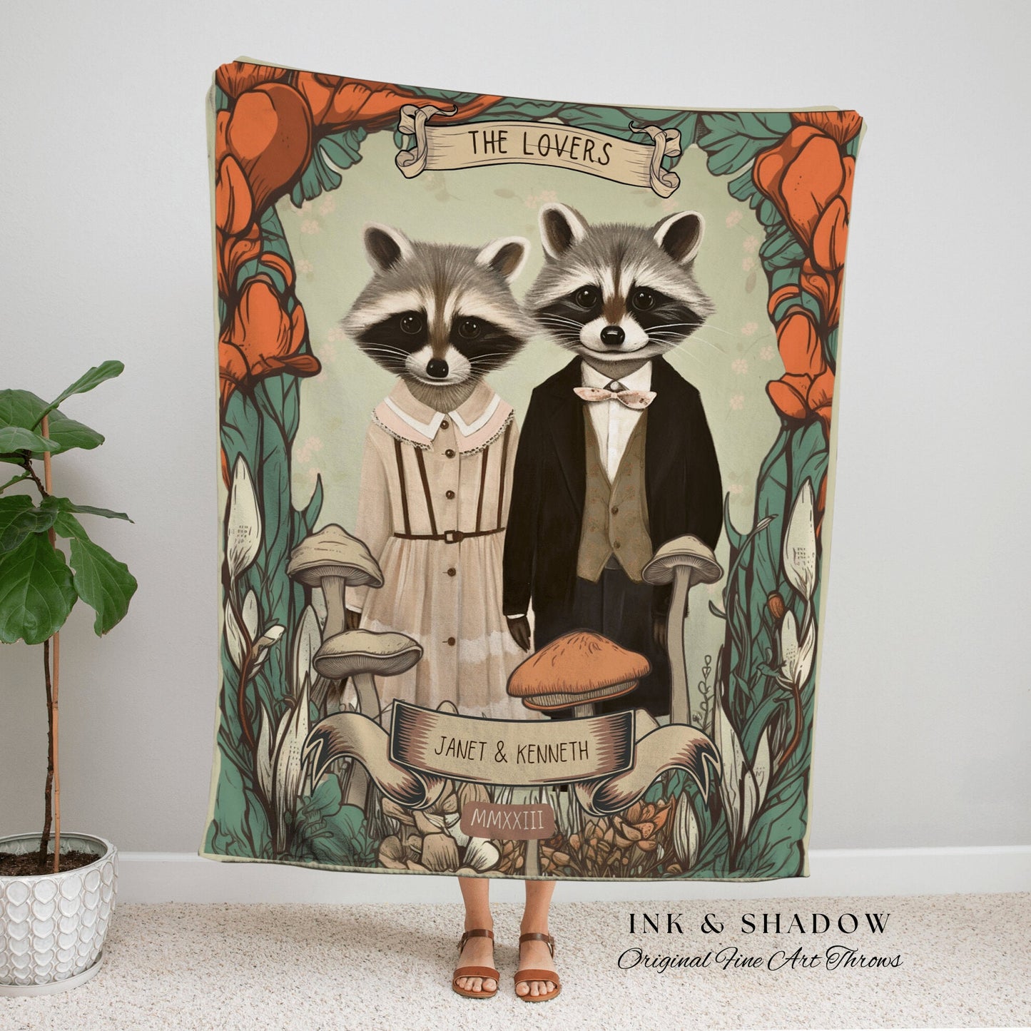 Cute Raccoon Couple Wedding Blanket | Cottagecore Wedding Gothic Raccoon Blanket Couples Tapestry Personalized Mr & Mrs Anniversary Blanket