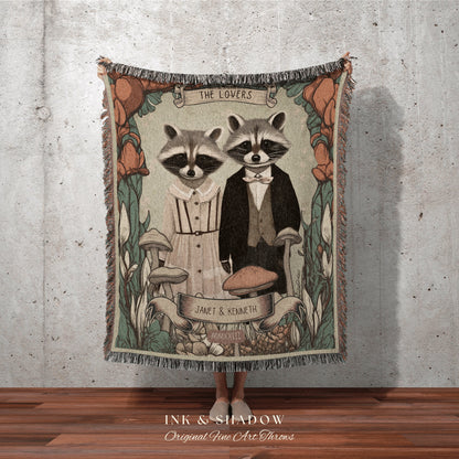 Cute Raccoon Couple Wedding Blanket | Cottagecore Wedding Gothic Raccoon Blanket Couples Tapestry Personalized Mr & Mrs Anniversary Blanket