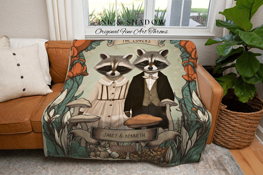 Cute Raccoon Couple Wedding Blanket | Cottagecore Wedding Gothic Raccoon Blanket Couples Tapestry Personalized Mr & Mrs Anniversary Blanket