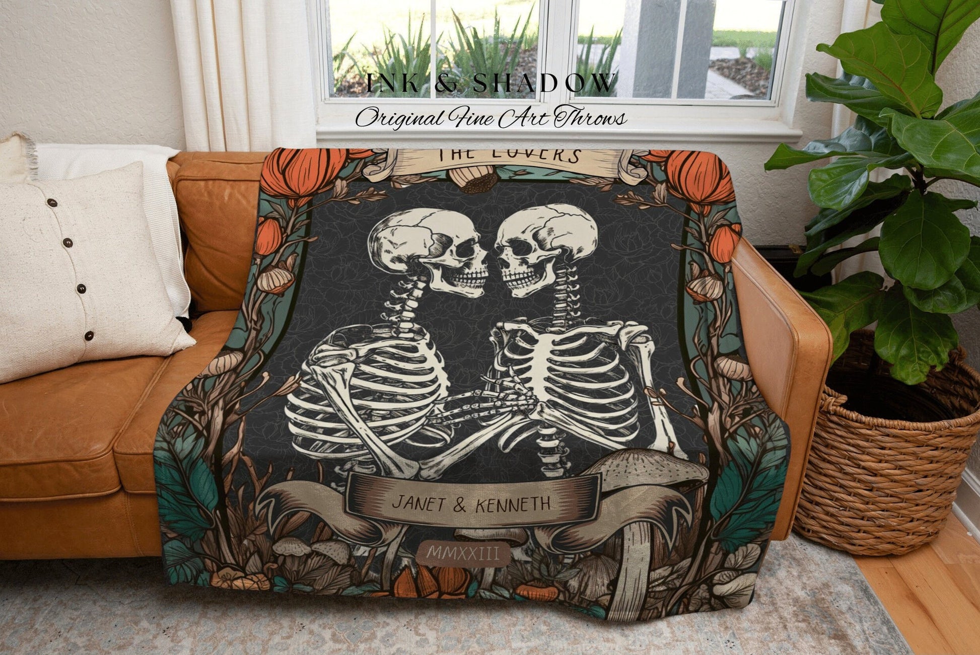 The Lovers Skeleton Woven Throw Blanket Custom Couple Anniversary Blanket, Custom Tarot Tapestry Gothic Wedding Gift His & Hers Name Blanket