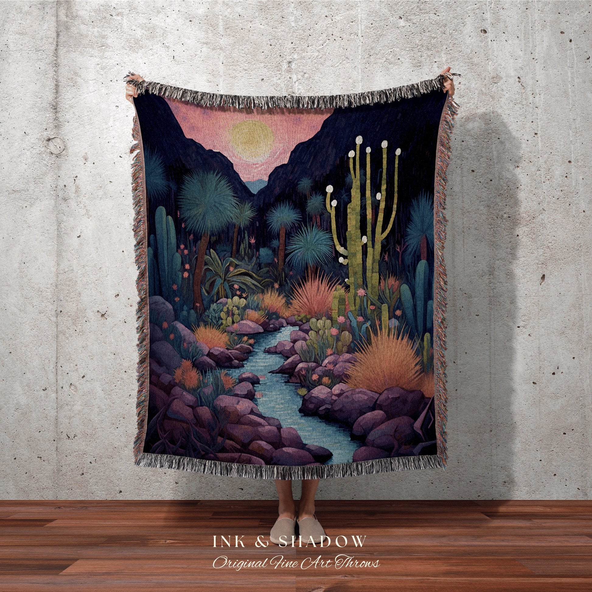 Desert Night Tapestry Woven Throw Blanket | Moonlit Landscape Desert Aesthetic Mystical Blanket Dark Cottagecore Bohemian Desert Tapestry