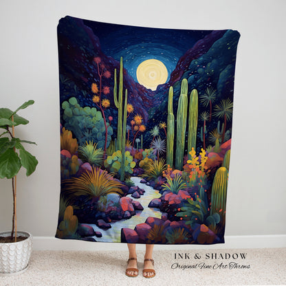 Moonlit Landscape Desert Throw Blanket Woven Tapestry Night Sky Cactus Blanket Desert Night Mystical Blanket Southwestern Boho Blanket