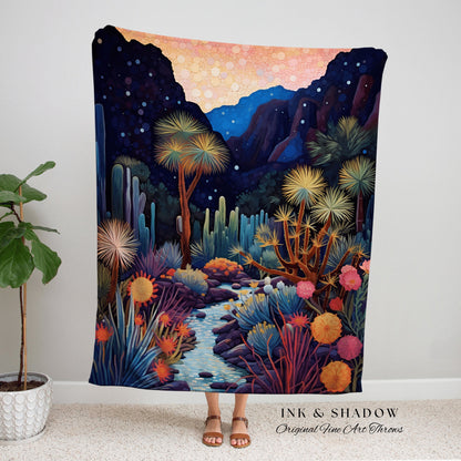 Desert Landscape Cactus Tapestry Nature Throw Blanket Dark Cottagecore Decor | Moonlit Landscape Desert Night Aesthetic Woven Throw Blanket