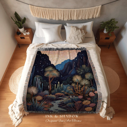 Desert Landscape Cactus Tapestry Nature Throw Blanket Dark Cottagecore Decor | Moonlit Landscape Desert Night Aesthetic Woven Throw Blanket