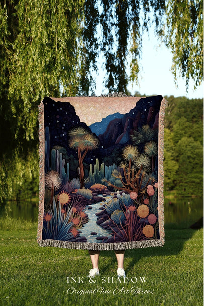 Desert Landscape Cactus Tapestry Nature Throw Blanket Dark Cottagecore Decor | Moonlit Landscape Desert Night Aesthetic Woven Throw Blanket