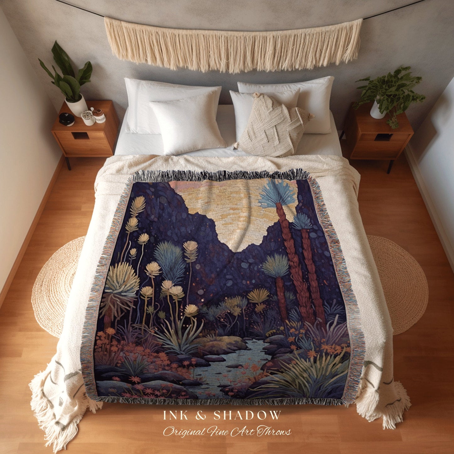 Desert Throw Blanket Nature Tapestry Dark Cottagecore Mystic Landscape | Whimsigoth Nature Blanket Moody Woven Tapestry Desert Themed Decor