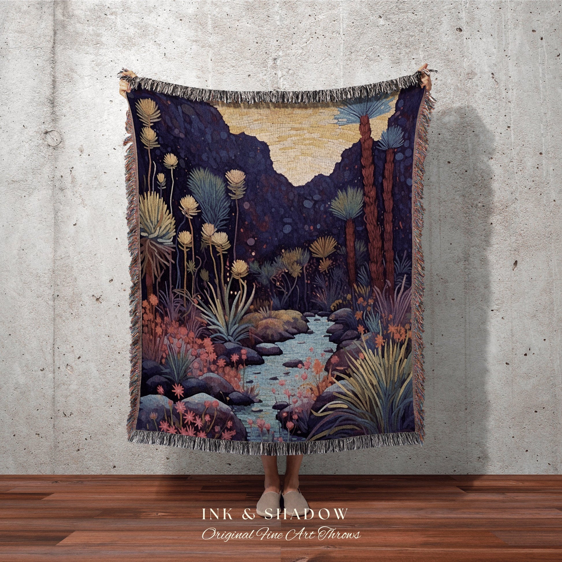 Desert Throw Blanket Nature Tapestry Dark Cottagecore Mystic Landscape | Whimsigoth Nature Blanket Moody Woven Tapestry Desert Themed Decor