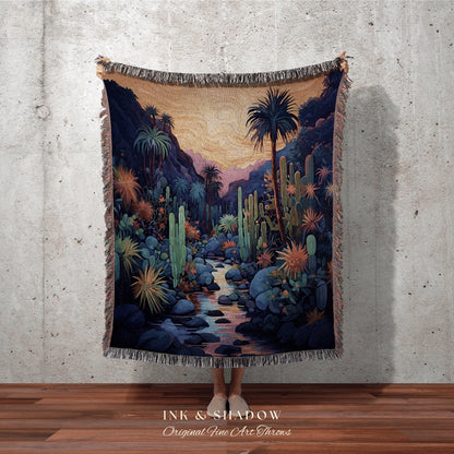 Mountain Desert Mystic Landscape Tapestry Woven Throw Blanket | Desert Night Sunset Art Tapestry Plush Blanket Fairy Grunge Desert Deco |