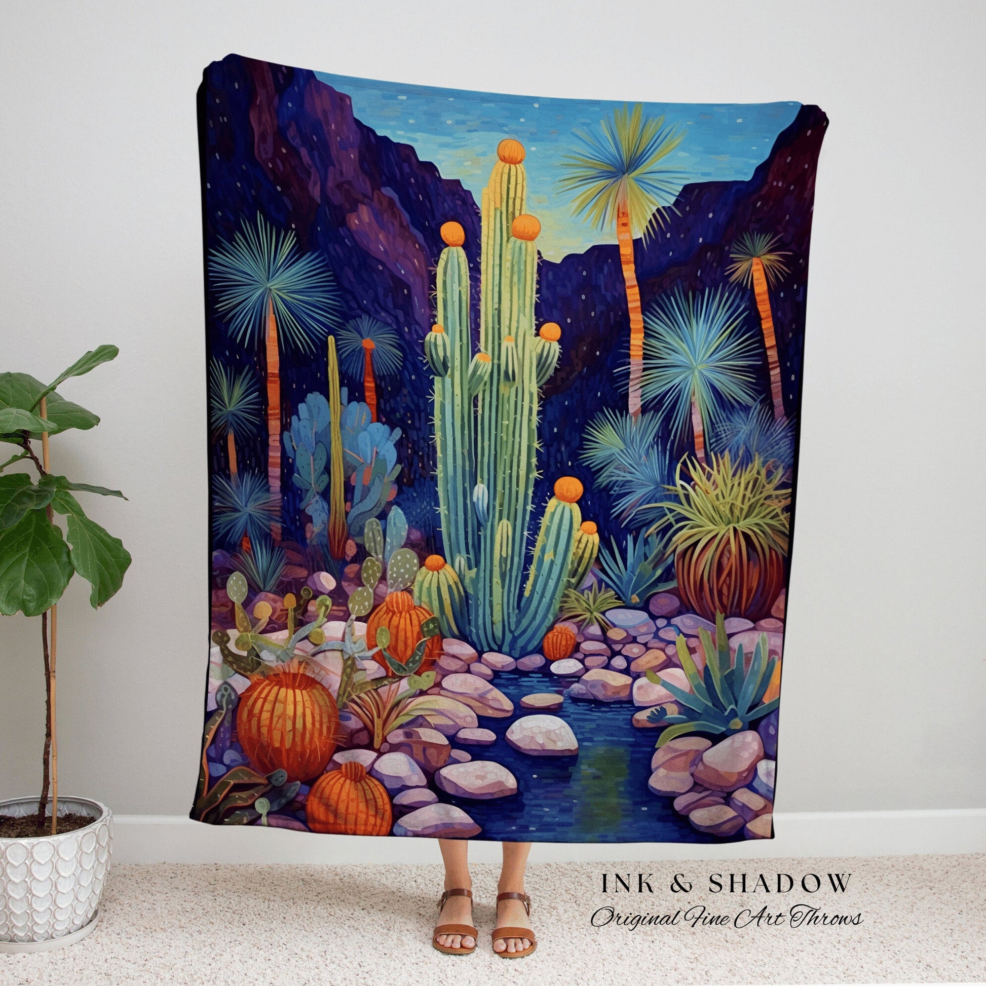 Bohemian Desert Cactus Woven Throw Blanket Nature Tapestry | Dark Cottagecore Blanket Mystic Landscape Desert Night Cactus Art Tapestry