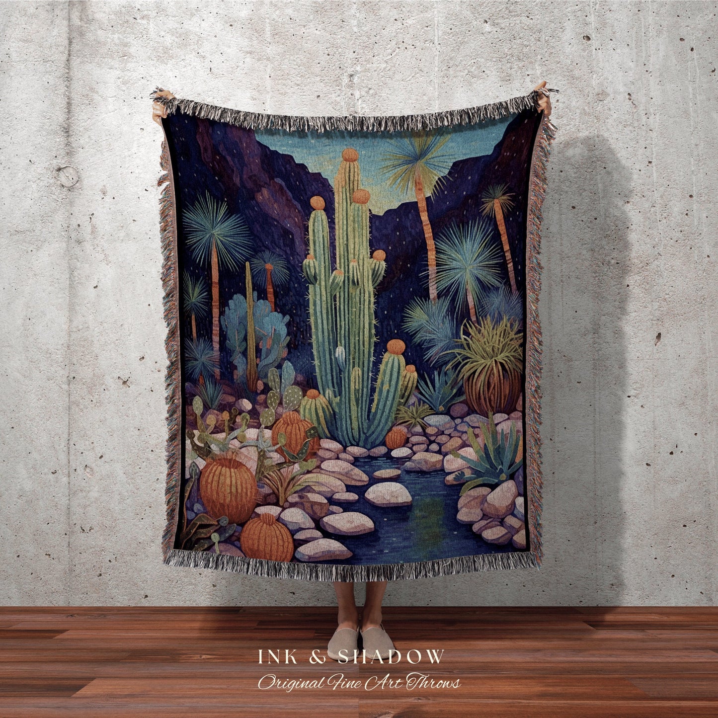 Bohemian Desert Cactus Woven Throw Blanket Nature Tapestry | Dark Cottagecore Blanket Mystic Landscape Desert Night Cactus Art Tapestry