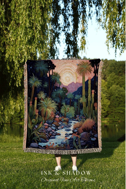 Dark Cottagecore Desert Sunrise Tapestry Woven Throw Blanket | Nature Blanket Desert Landscape Tapestry Fairy Grunge Whimsigoth Decor