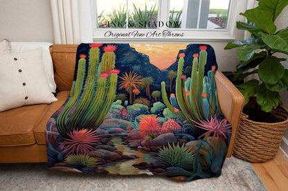 Cactus Blanket Whimsical | Dark Academia Home Decor Housewarming Gift Tapestry Aesthetic Blanket Dark Cottagecore Blanket Desert Decor Boho