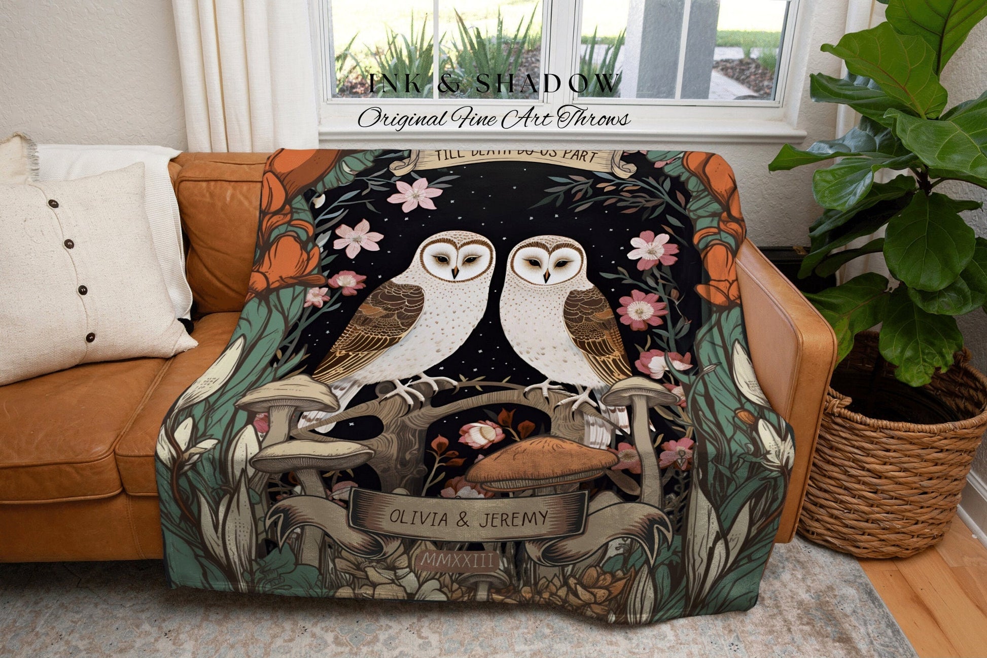 Owl Couple Anniversary Blanket | Woodland Wedding Gothic Owl Blanket Cute Couples Tapestry Personalized Mr & Mrs Anniversary Blanket Woven |