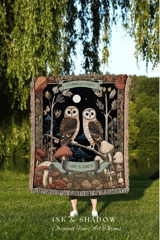 Woodland Owl Custom Blanket | Cottagecore Wedding Gothic Owl Throw Cute Couples Tapestry Personalized His & Hers Anniversary Throw Blanket |