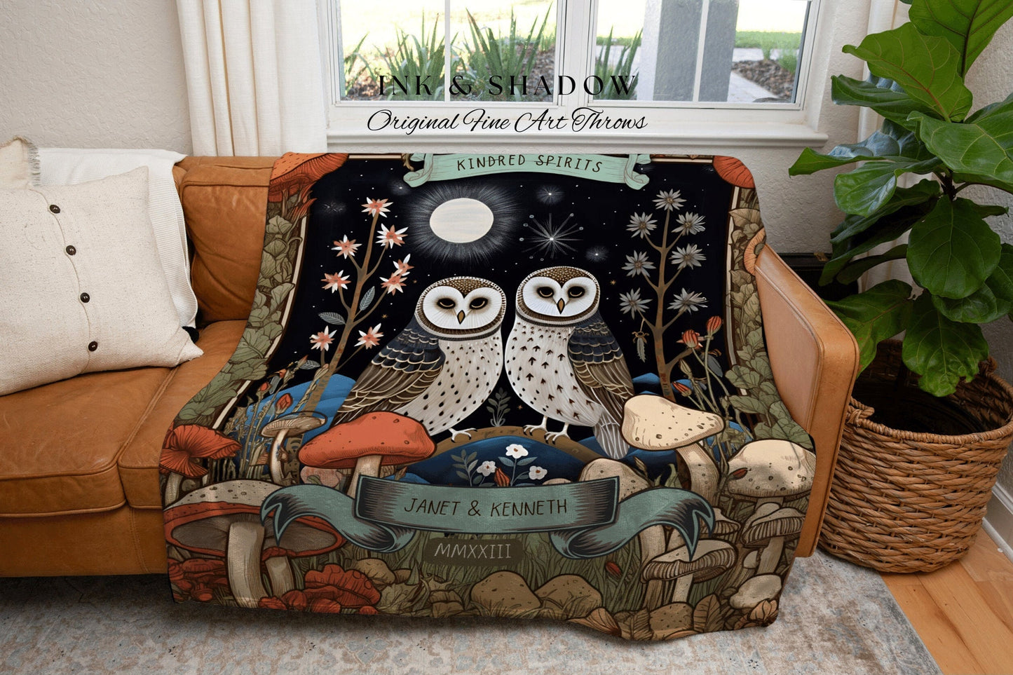 Crushed Velvet Anniversary Blanket | Cottagecore Wedding Gothic Owl Throw Cute Couples Tapestry Personalized His & Hers Anniversary Blanket