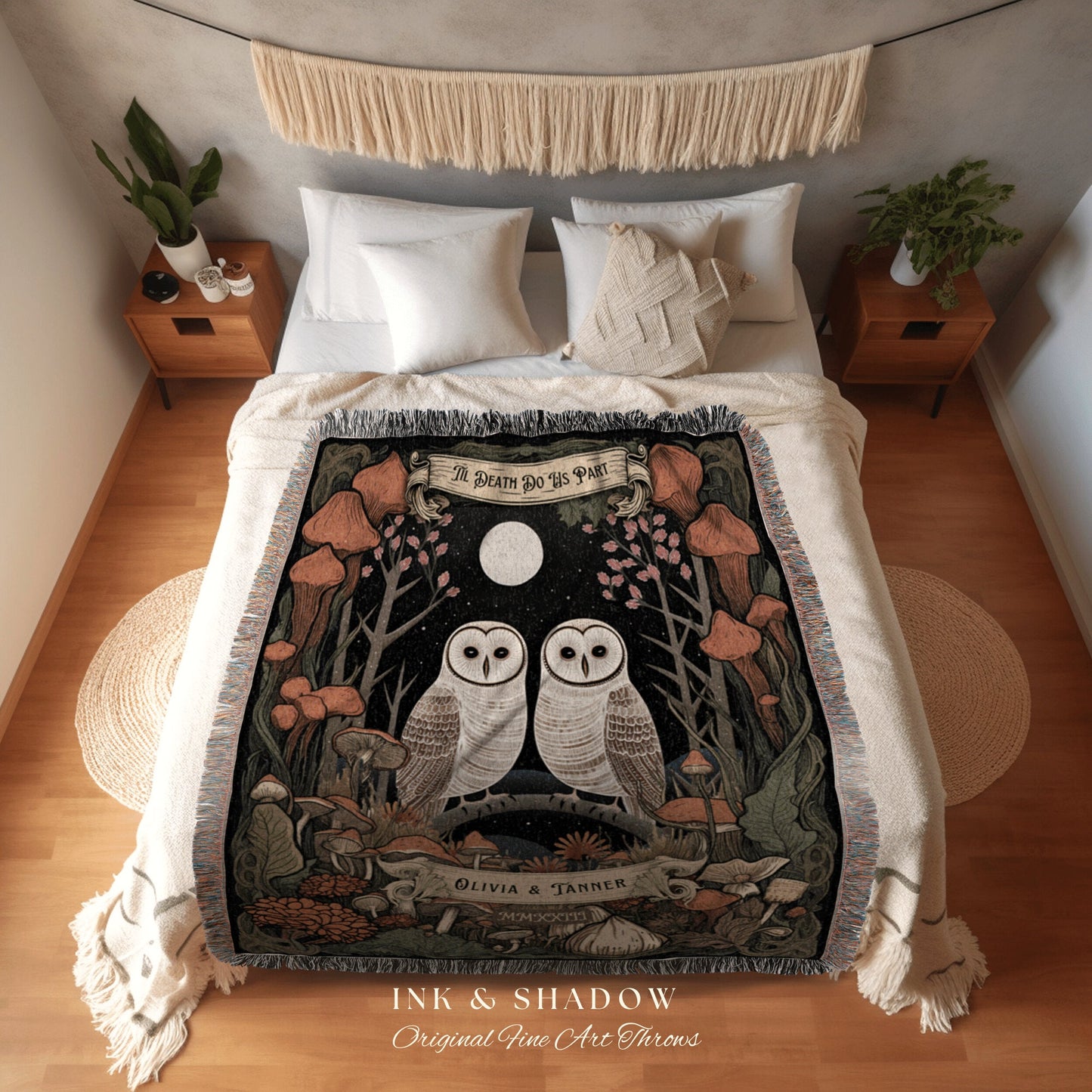 Whimsical Owl Blanket Woodland Couples Gift Gothic Wedding Custom Blanket Woven Gift for Goth Couples Holiday Owl Blanket Dark Cottagecore