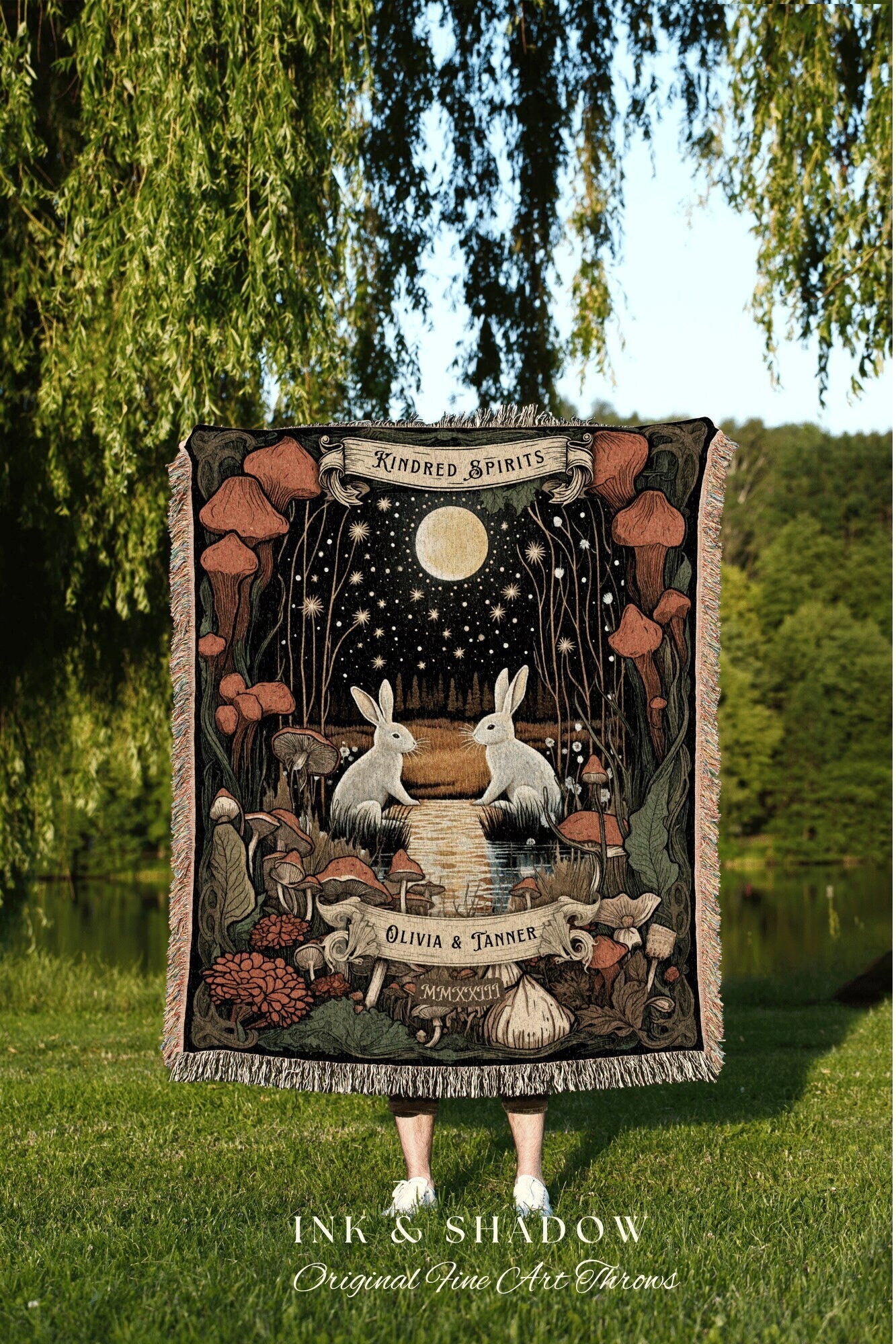 Woodland Gothic Couples Throw | Cottagecore Wedding Gothic Rabbit Blanket Custom Couples Tapestry Personalized Mr & Mrs Anniversary Blanket