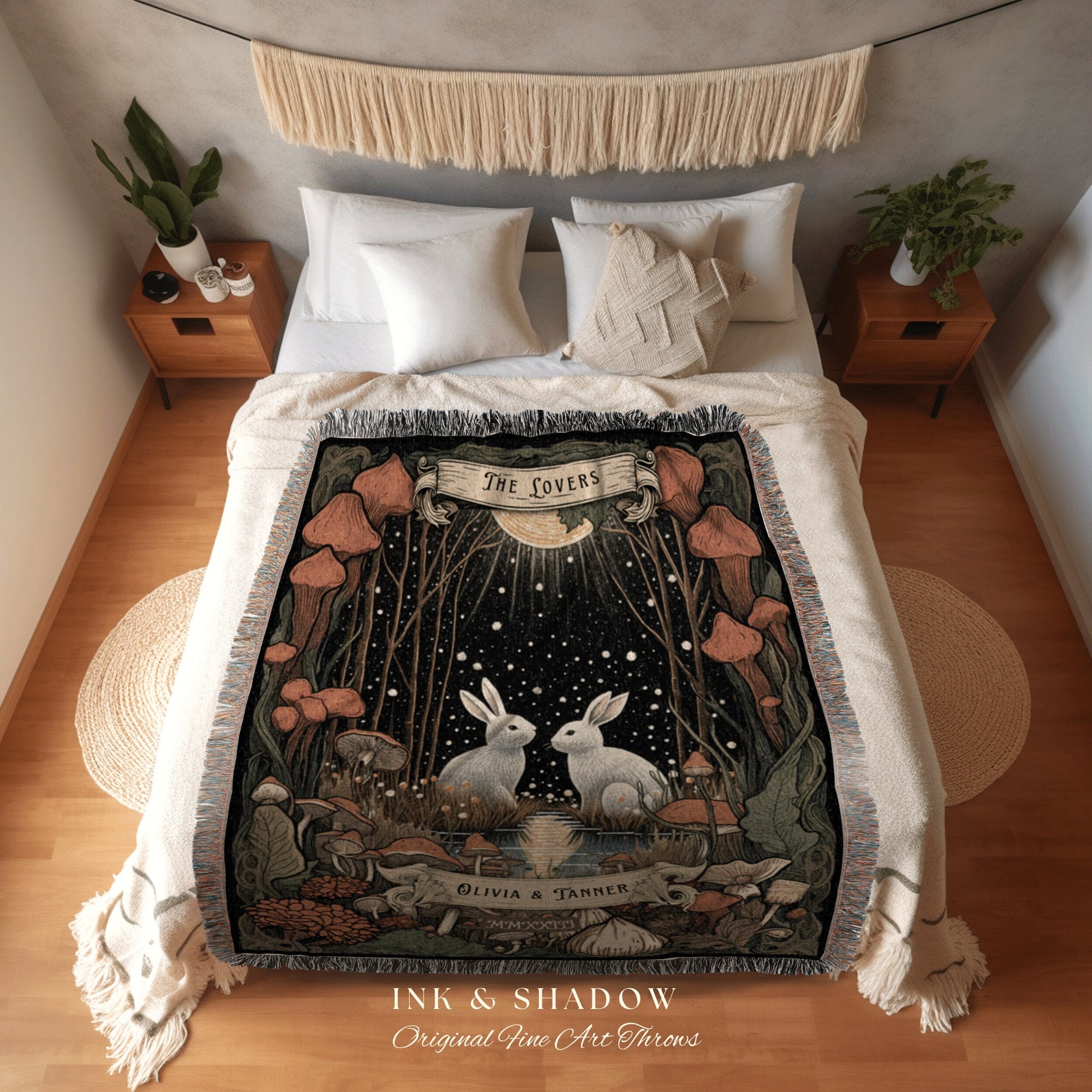 Custom 'The Lovers' Throw Blanket | Woodland Wedding Gothic Rabbit Blanket Custom Couples Tapestry Personalized Mr & Mrs Anniversary Throw |