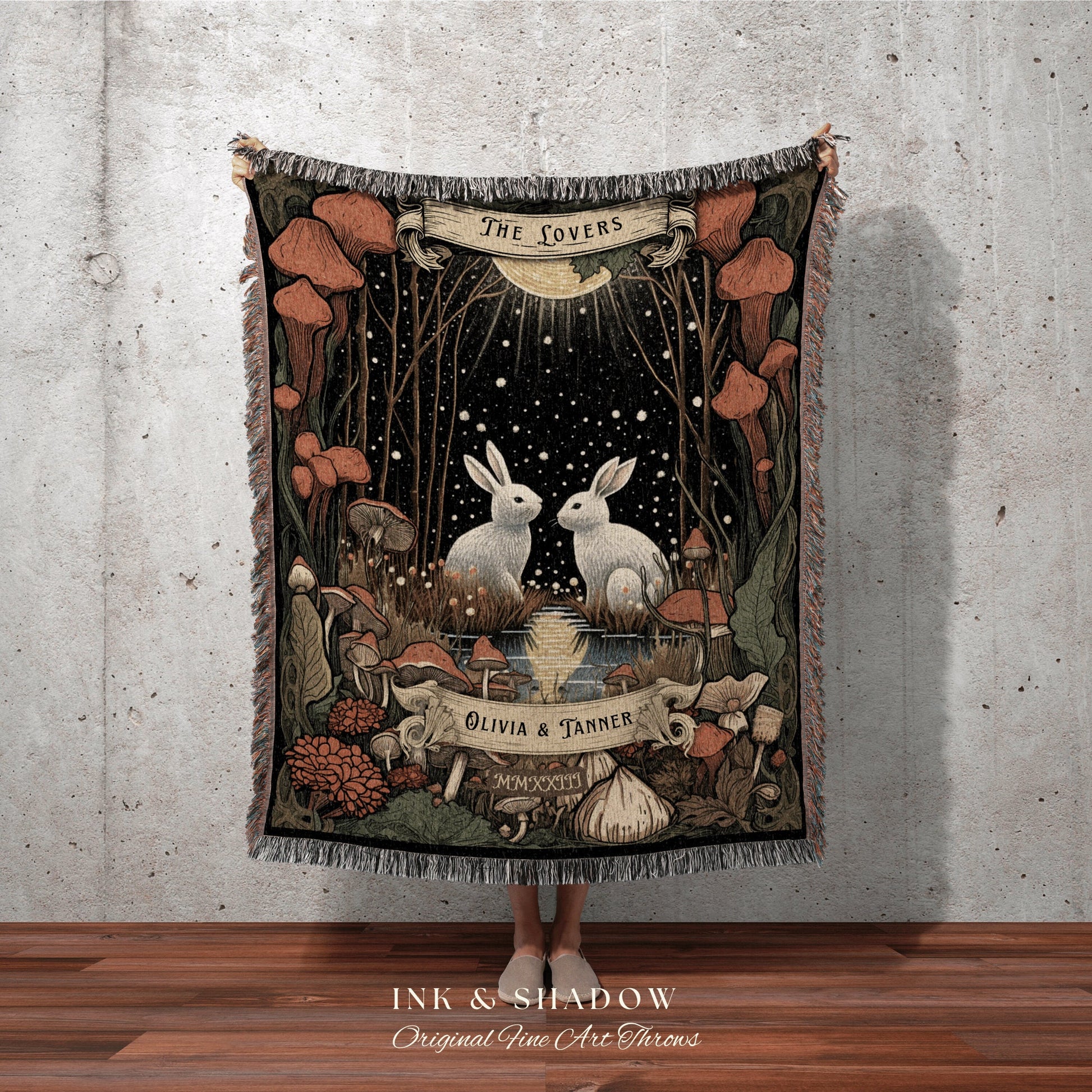 Custom 'The Lovers' Throw Blanket | Woodland Wedding Gothic Rabbit Blanket Custom Couples Tapestry Personalized Mr & Mrs Anniversary Throw |