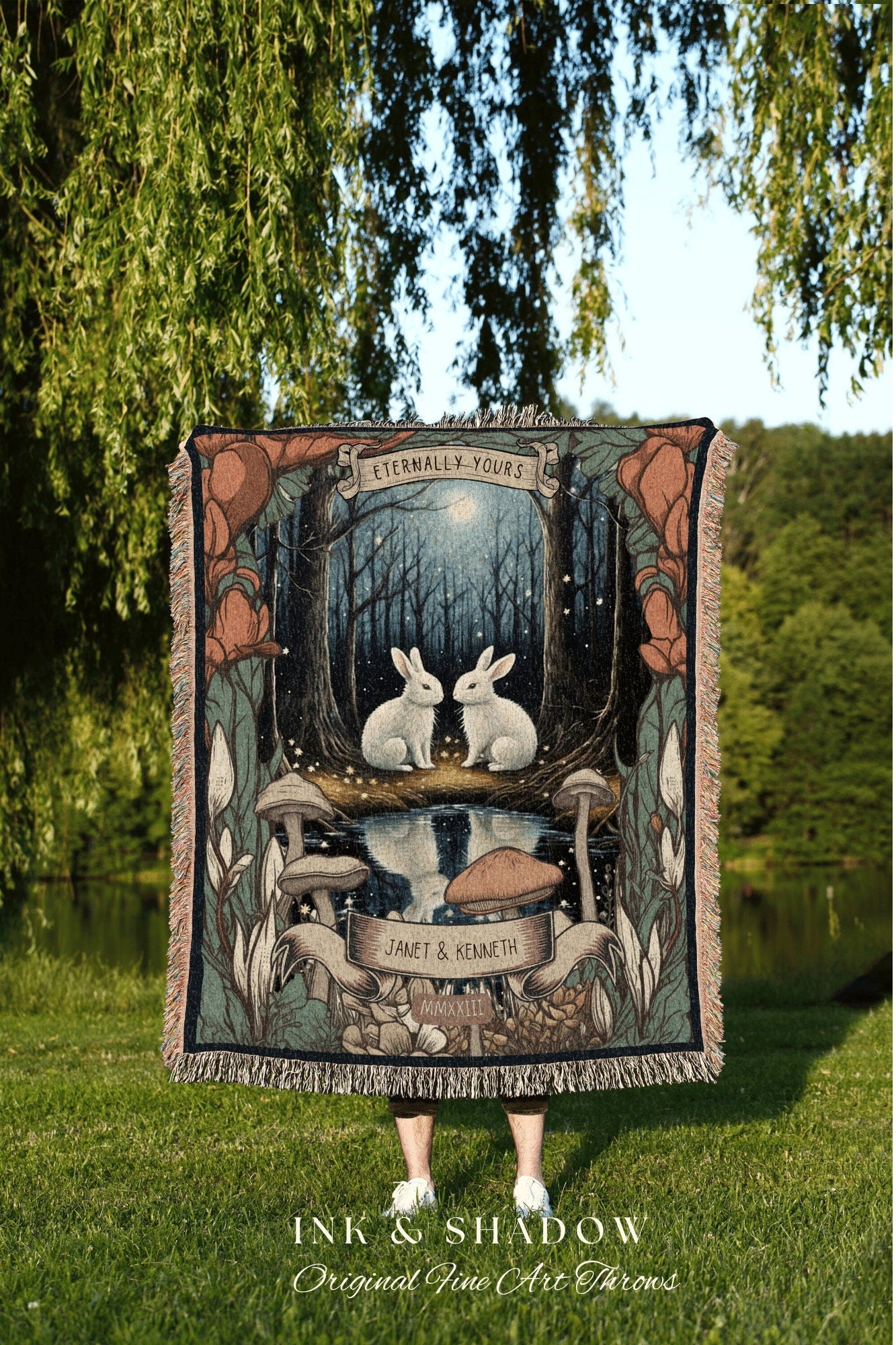 Bunny Blanket Cozy Couples Throw | Cottagecore Wedding Gothic Rabbit Blanket Custom Couples Tapestry Personalized Mr & Mrs Anniversary Gift