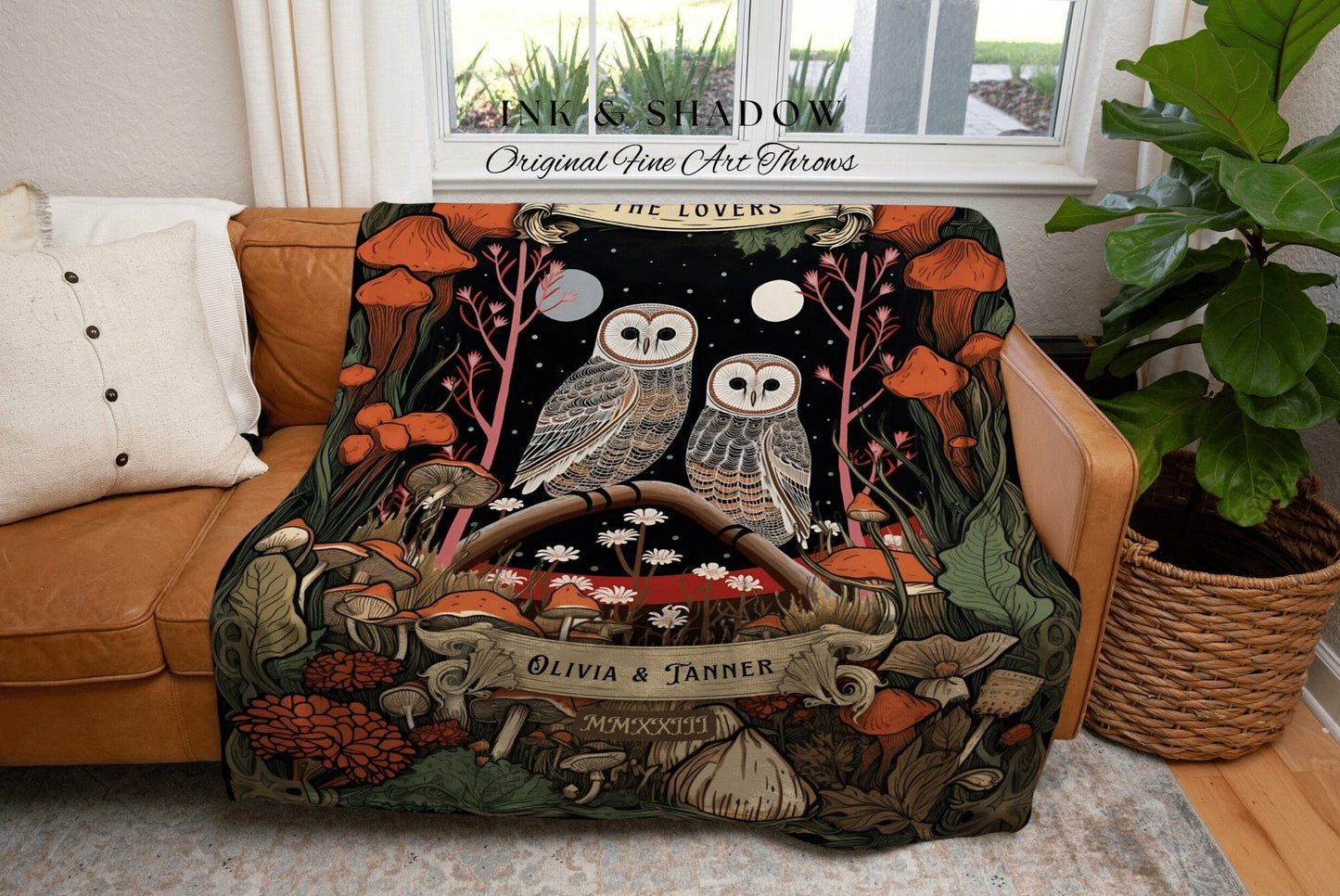 Crowcore Owl Blanket Custom | Couples Gift Gothic Wedding Custom Blanket Woven Gift for Goth Couples Holiday Owl Blanket Dark Cottagecore