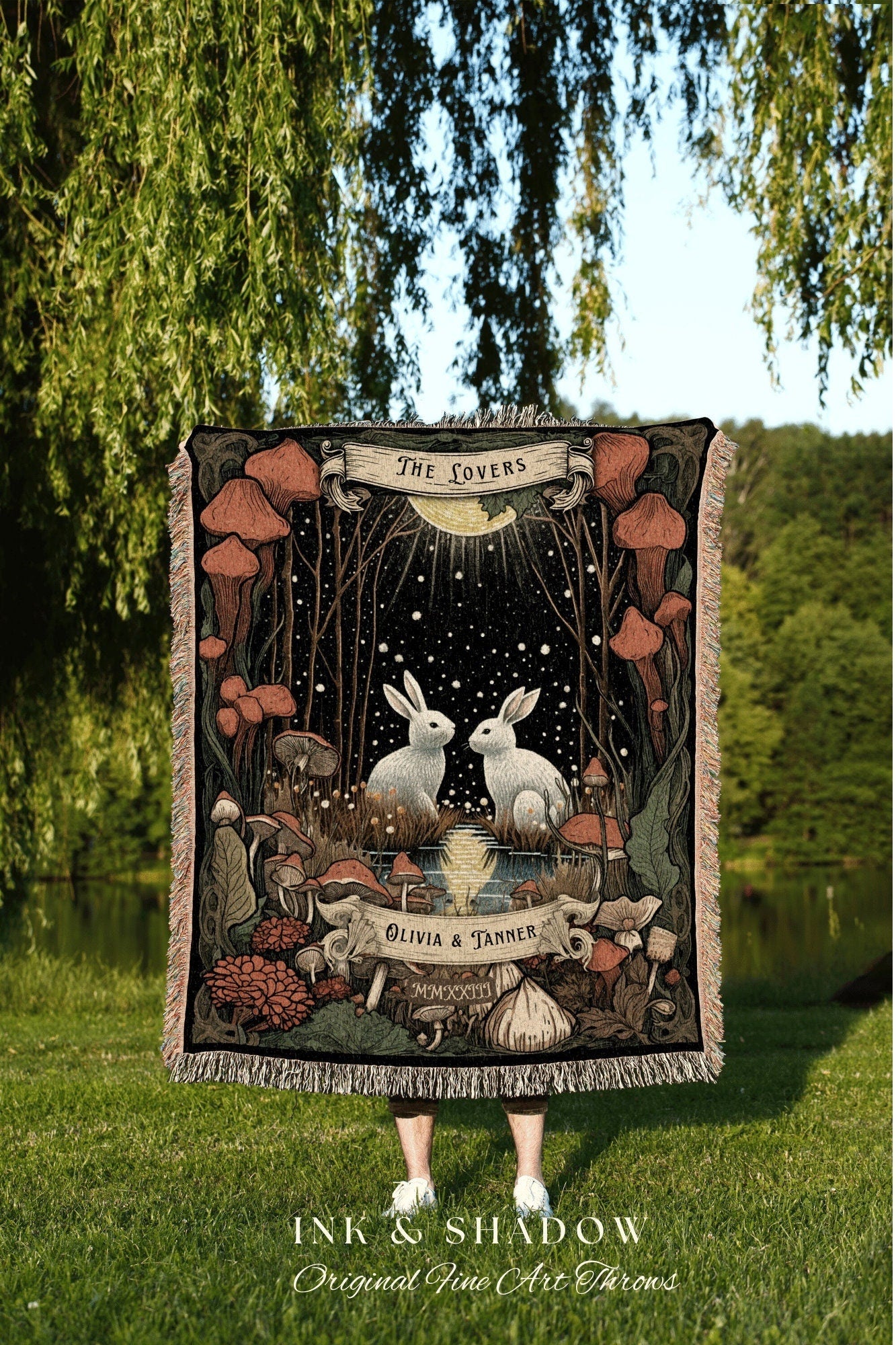 Custom 'The Lovers' Throw Blanket | Woodland Wedding Gothic Rabbit Blanket Custom Couples Tapestry Personalized Mr & Mrs Anniversary Throw |