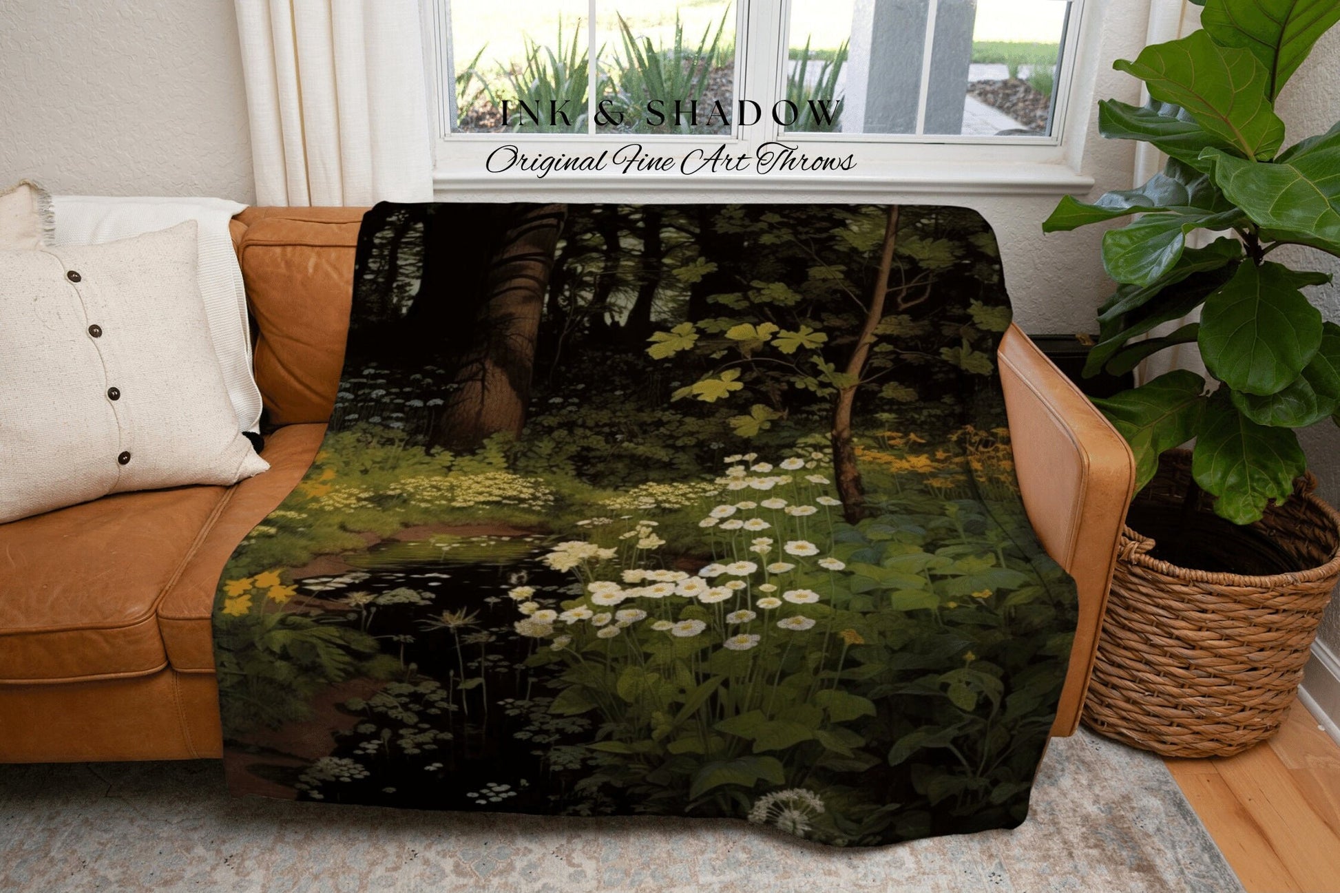 Dark Forest Blanket Woven Cotton Throw Blanket Nature Tapestry | Dark Cottagecore Botanical Blanket Forest Tapestry Goblincore Bedroom Decor