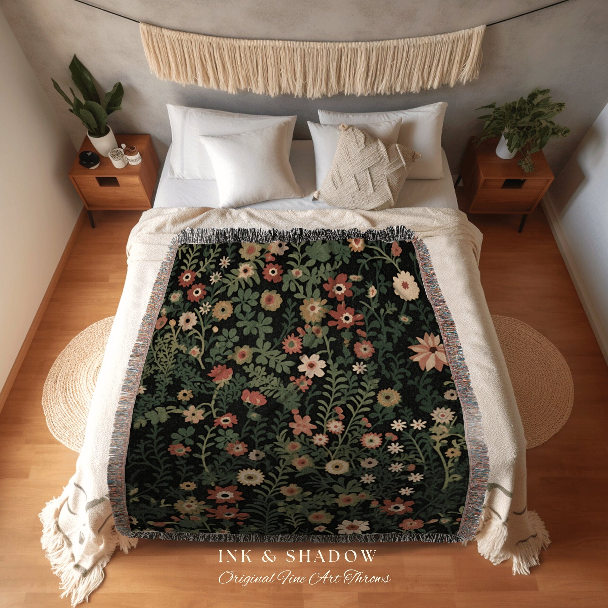 Boho Vintage Flower Blanket | Woven Cotton Throw Blanket Dark Cottagecore Botanical Blanket Forest Tapestry Fairycore Bedroom Floral Decor |