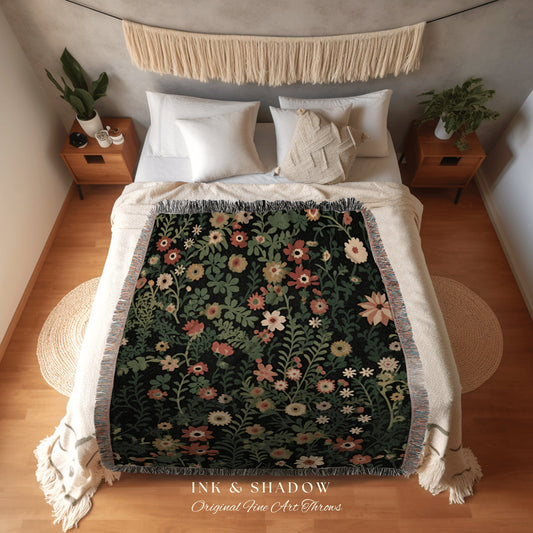 Boho Vintage Flower Blanket | Woven Cotton Throw Blanket Dark Cottagecore Botanical Blanket Forest Tapestry Fairycore Bedroom Floral Decor |