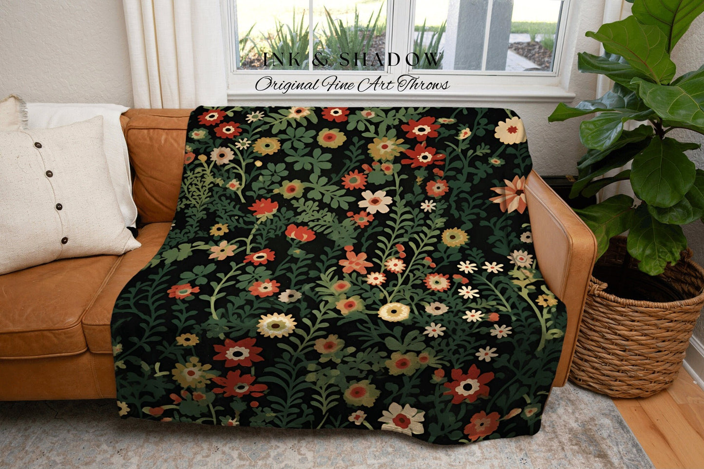 Boho Vintage Flower Blanket | Woven Cotton Throw Blanket Dark Cottagecore Botanical Blanket Forest Tapestry Fairycore Bedroom Floral Decor |