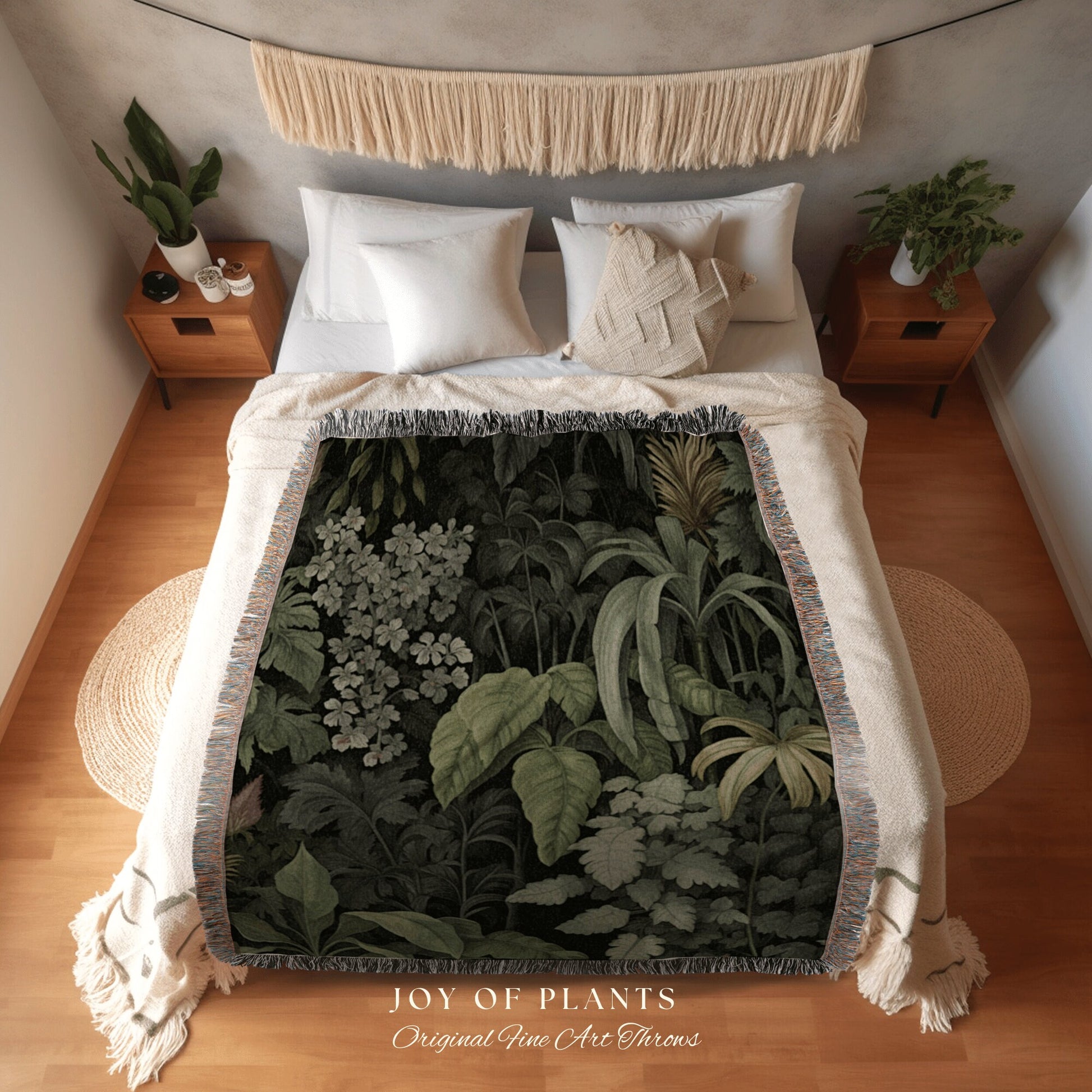 Tropical Plant Decor Blanket | Woven Cotton Throw Blanket Dark Cottagecore Botanical Blanket Forest Tapestry Goblincore Bedroom Decor Green