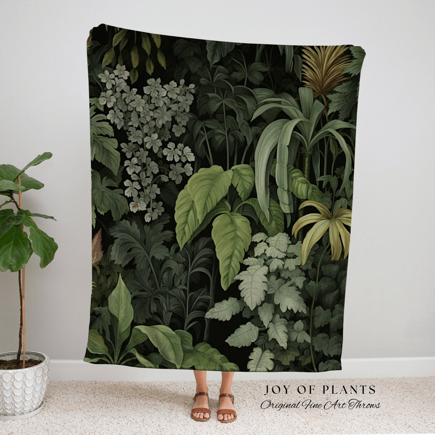 Tropical Plant Decor Blanket | Woven Cotton Throw Blanket Dark Cottagecore Botanical Blanket Forest Tapestry Goblincore Bedroom Decor Green