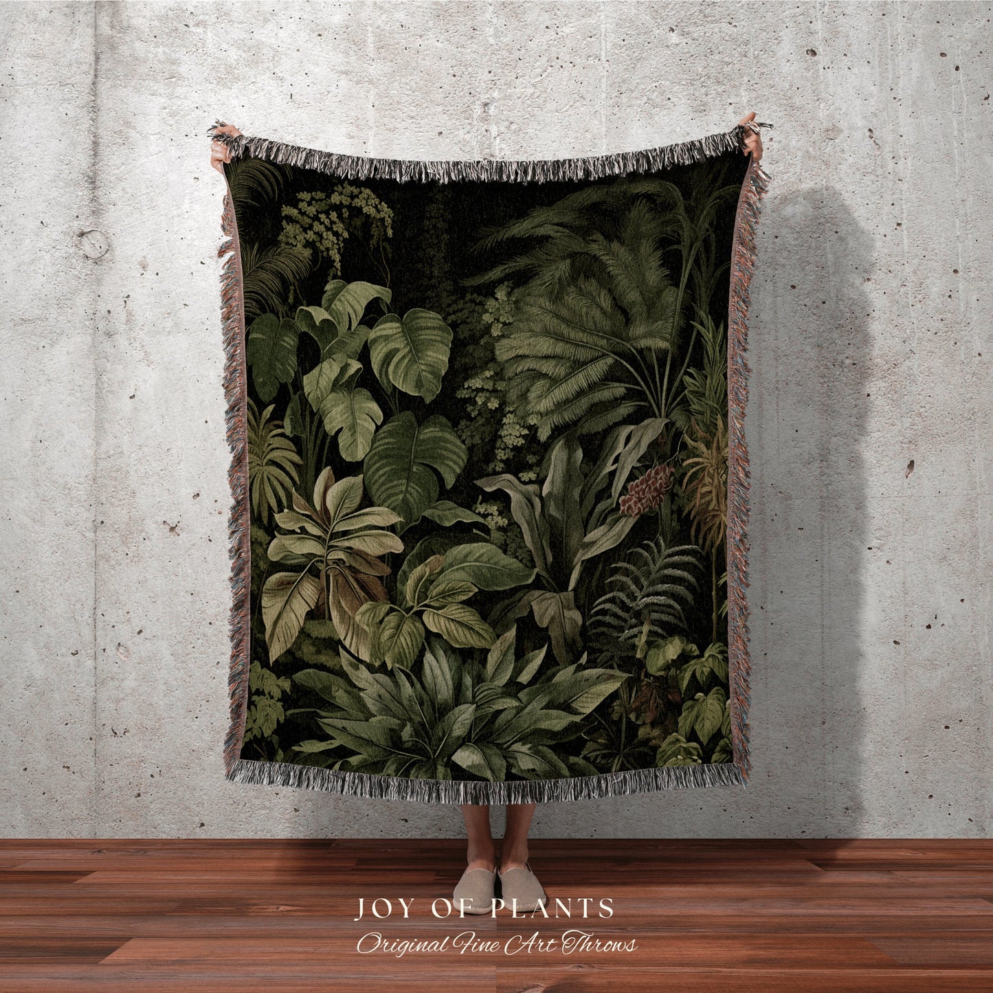 Moody Botanical Throw Blanket | Woven Cotton Throw Blanket Dark Cottagecore Botanical Blanket Forest Tapestry Goblincore Bedroom Decor Green