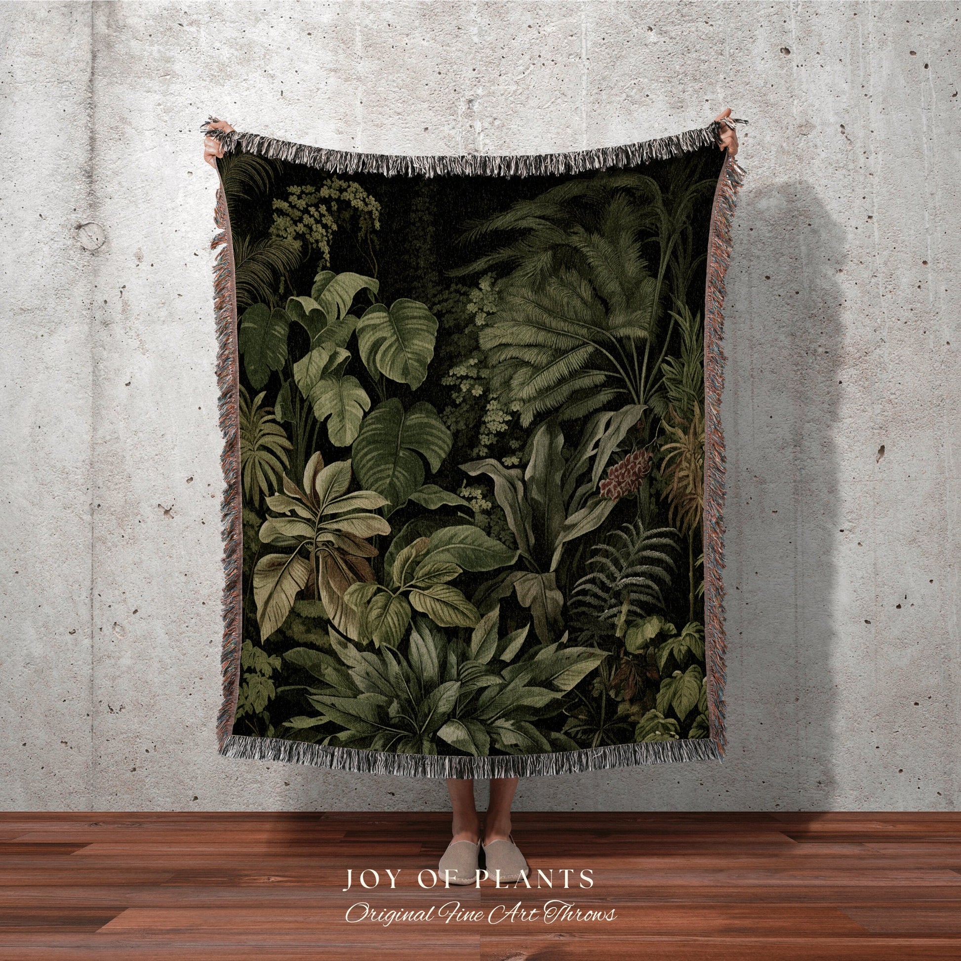 Moody Botanical Throw Blanket | Woven Cotton Throw Blanket Dark Cottagecore Botanical Blanket Forest Tapestry Goblincore Bedroom Decor Green