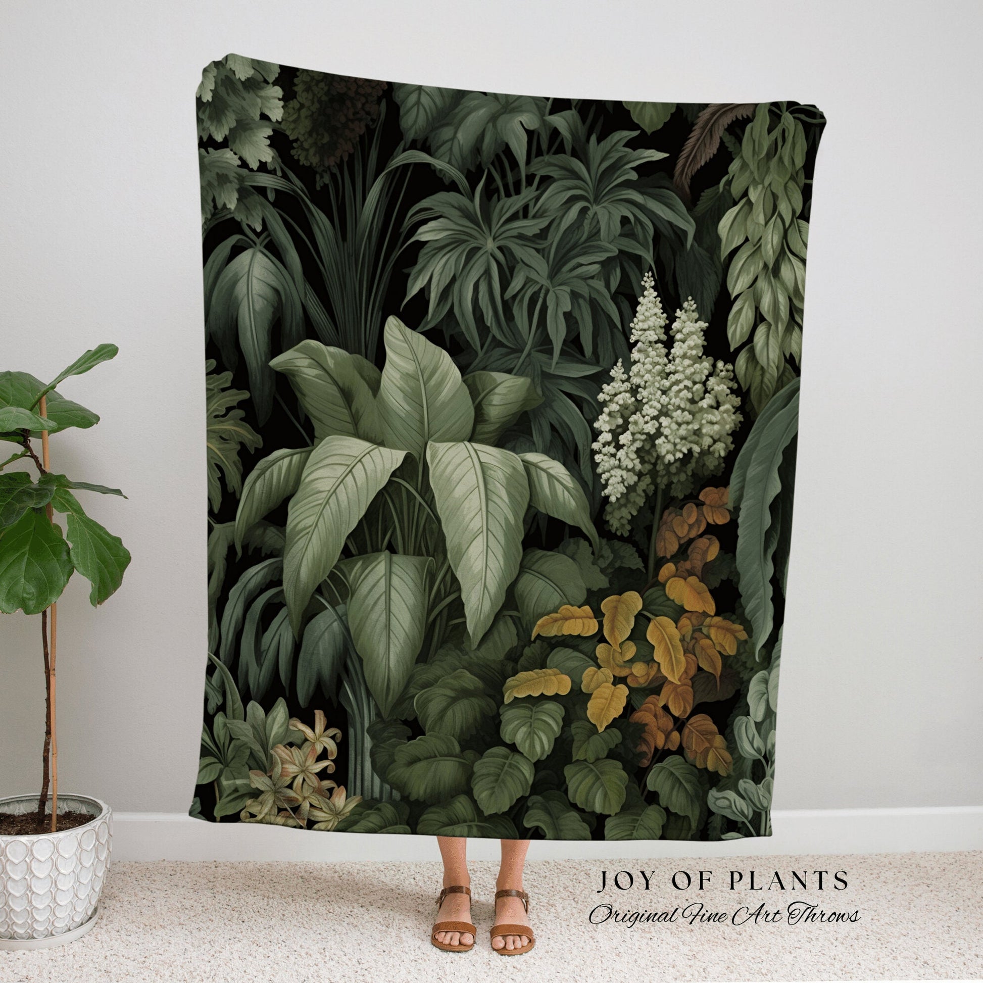 Vintage Dark Greenery Tapestry | Woven Cotton Throw Blanket Dark Cottagecore Decor Blanket Forest Tapestry Goblincore Bedroom Forest Green