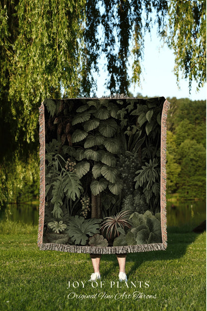 Dark Botanical Tapestry Woven | Woven Cotton Throw Blanket Dark Cottagecore Decor Blanket Forest Tapestry Goblincore Bedroom Forest Green |