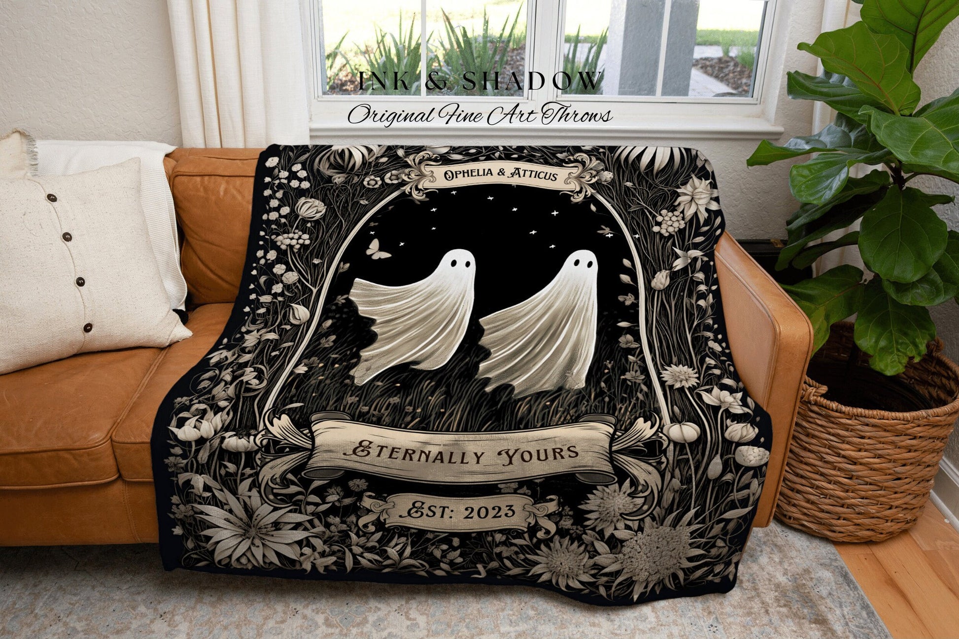 Vintage Ghost Couples Blanket | Personalized Wedding Blanket Spooky Halloween Tapestry Woven Ghost Gifts His & Hers Anniversary Whimsical |