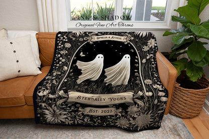 Vintage Ghost Couples Blanket | Personalized Wedding Blanket Spooky Halloween Tapestry Woven Ghost Gifts His & Hers Anniversary Whimsical |